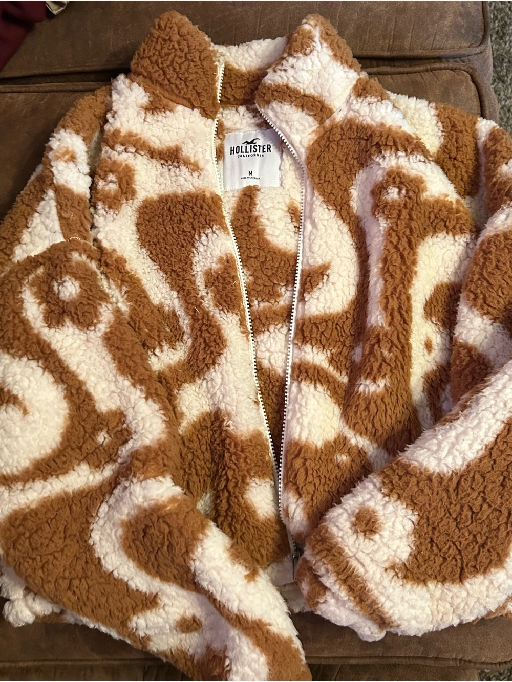 Hollister Cream and Tan Sherpa Zip-Up Jacket